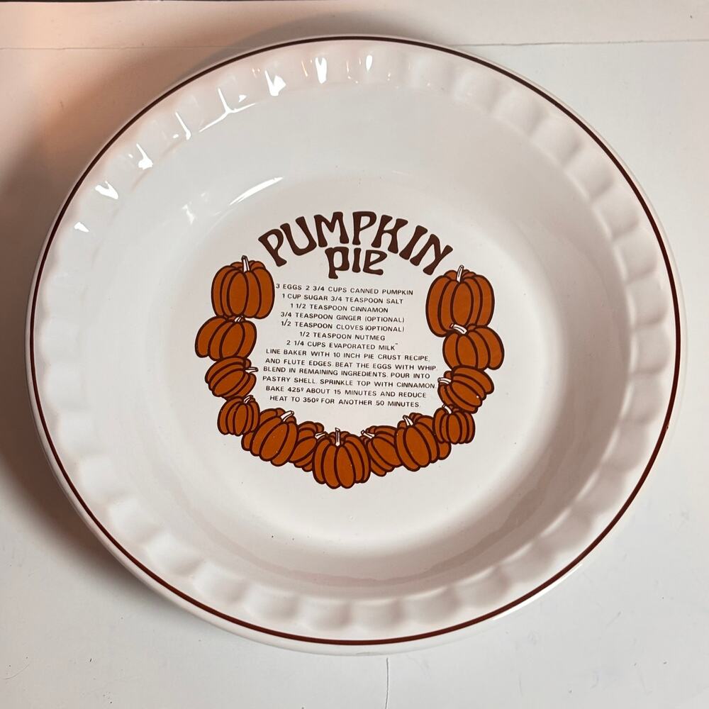 Granny Core Pumpkin Pie Recipe Ceramic Pie Dish Oven Microwave Vintage 11” 1980s